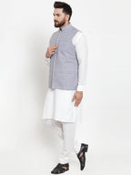 Jompers Men's Solid Cotton Kurta Pajama with Woven Jacquard Waistcoat (Steel-Blue)