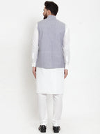 Jompers Men's Solid Cotton Kurta Pajama with Woven Jacquard Waistcoat (Steel-Blue)