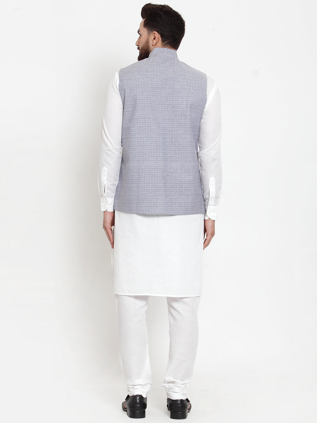 Jompers Men's Solid Cotton Kurta Pajama with Woven Jacquard Waistcoat (Steel-Blue)