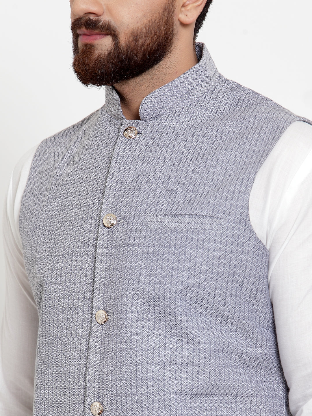 Jompers Men's Solid Cotton Kurta Pajama with Woven Jacquard Waistcoat (Steel-Blue)