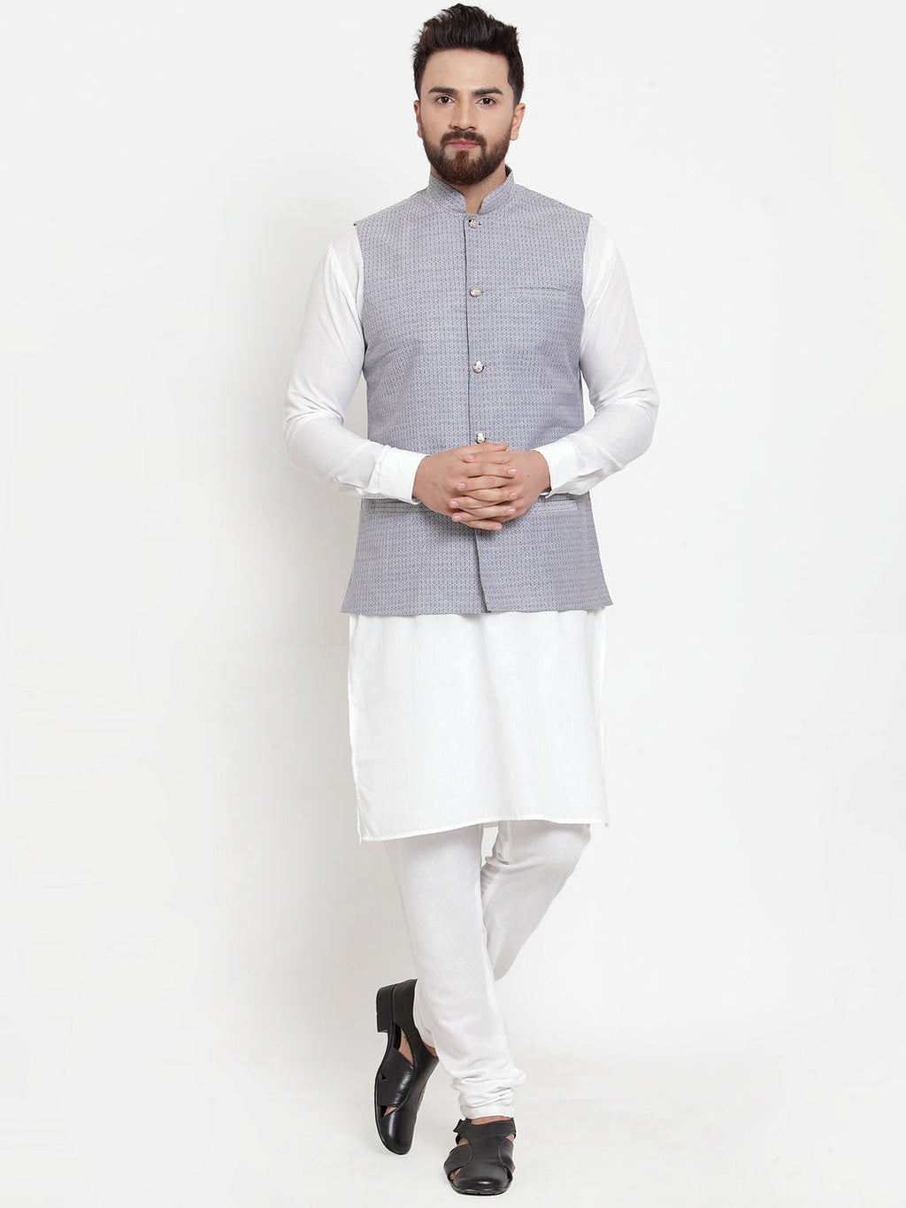 Jompers Men's Solid Cotton Kurta Pajama with Woven Jacquard Waistcoat (Steel-Blue)
