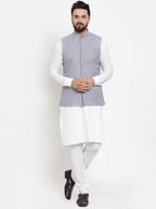 Jompers Men's Solid Cotton Kurta Pajama with Woven Jacquard Waistcoat (Steel-Blue)
