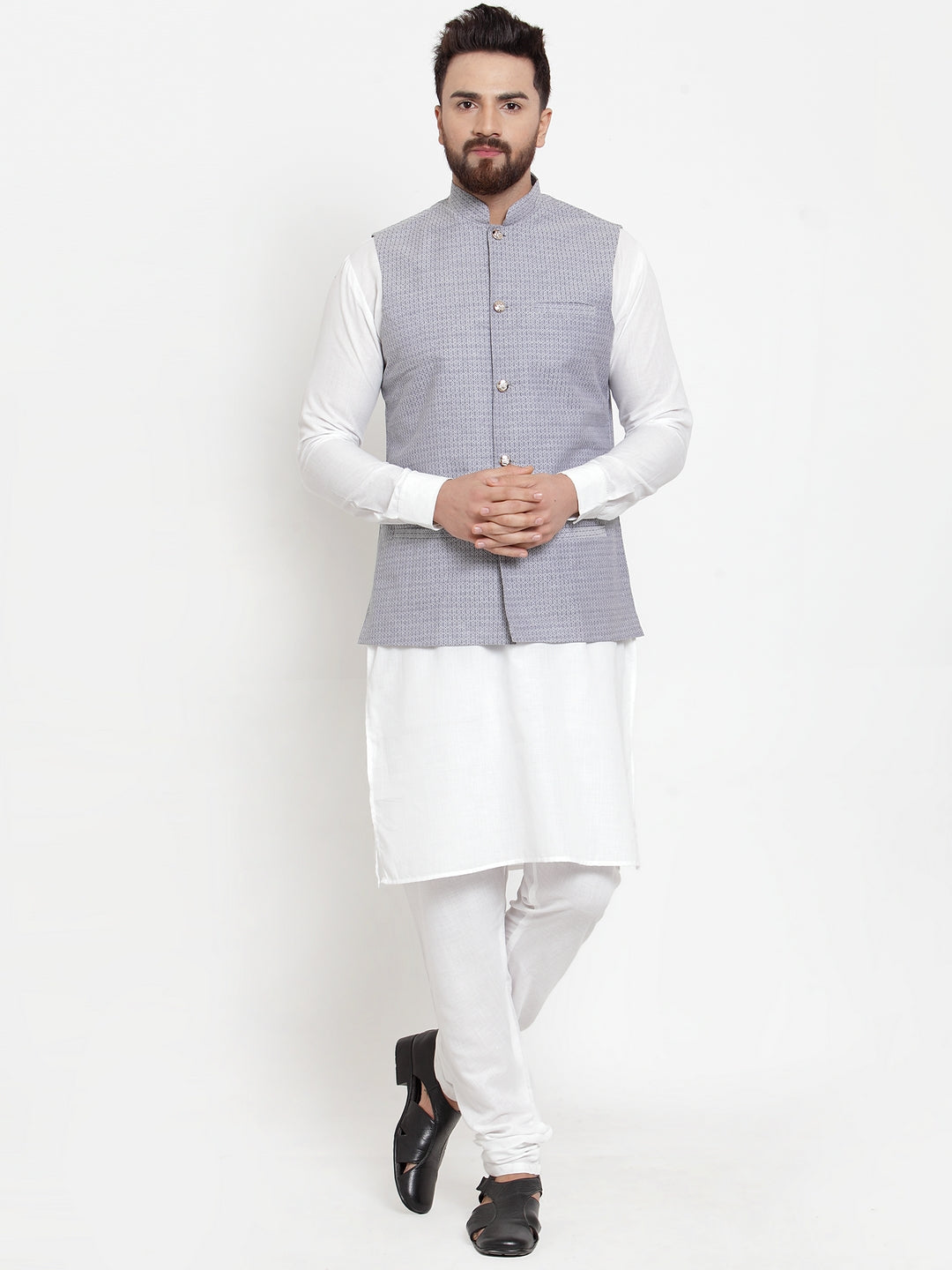 Jompers Men's Solid Cotton Kurta Pajama with Woven Jacquard Waistcoat (Steel-Blue)