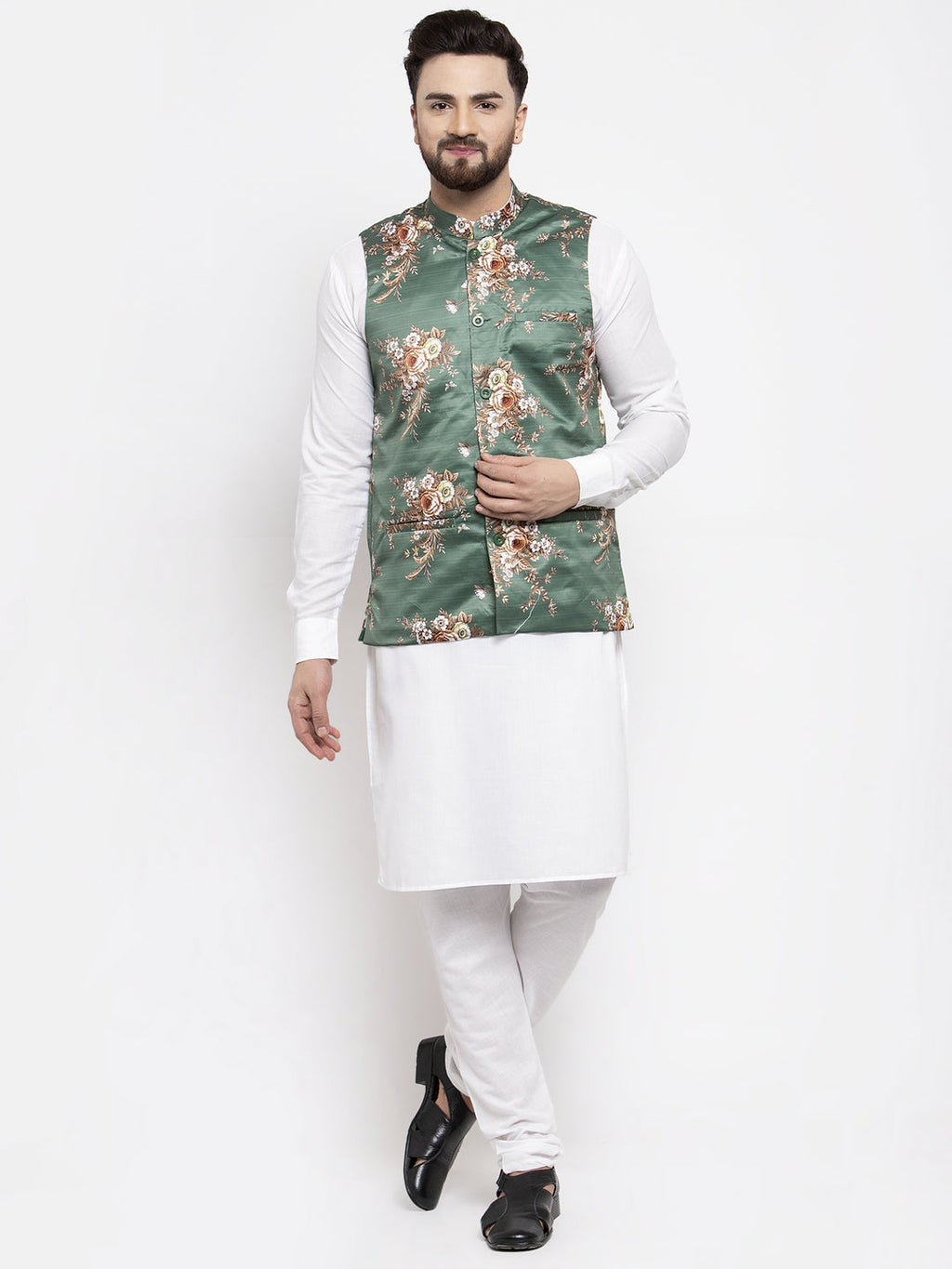 Jompers Men's Solid Cotton Kurta Pajama with Printed Waistcoat (Green-W)