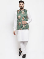Jompers Men's Solid Cotton Kurta Pajama with Printed Waistcoat (Green-W)