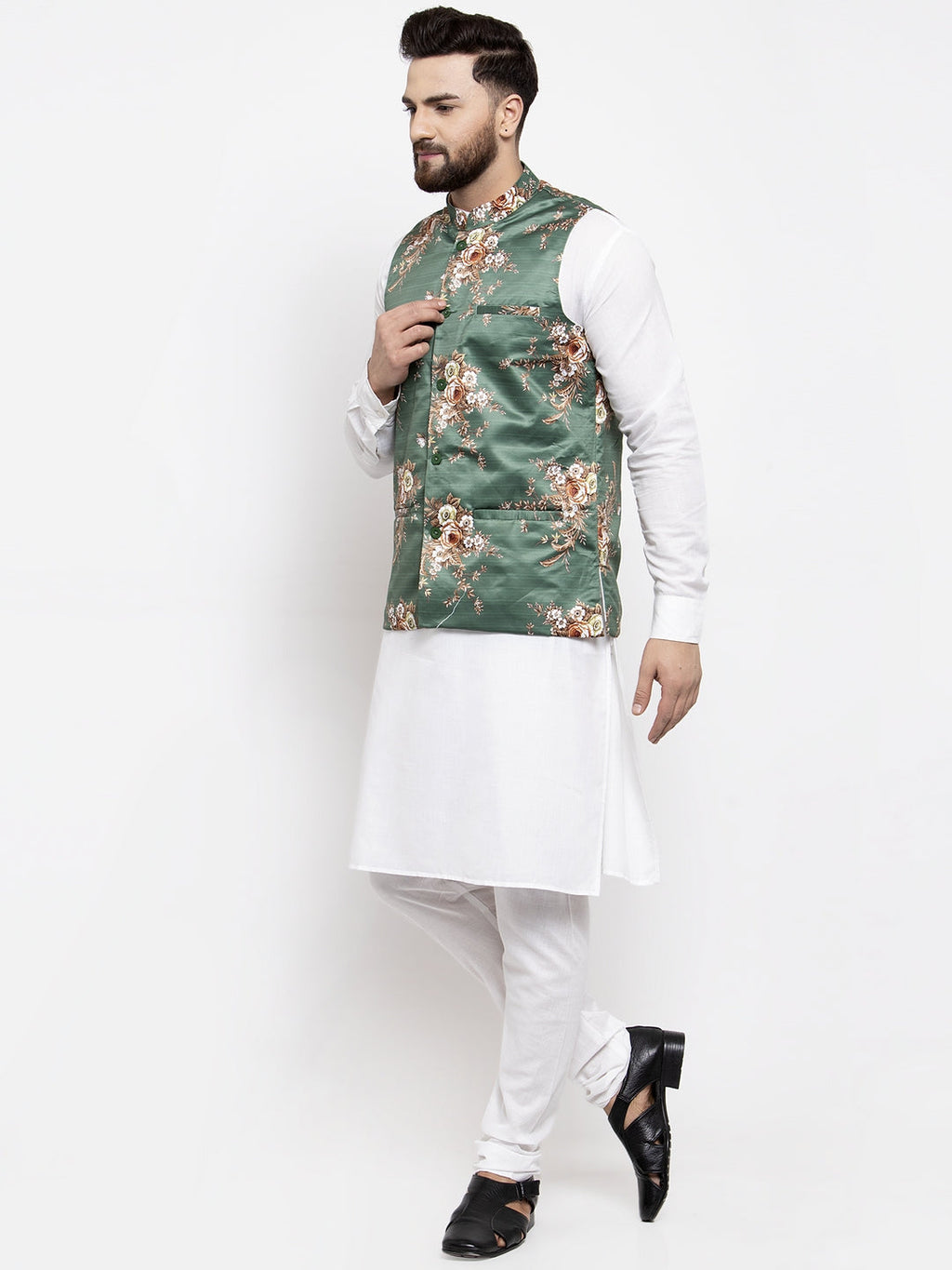 Jompers Men's Solid Cotton Kurta Pajama with Printed Waistcoat (Green-W)
