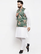 Jompers Men's Solid Cotton Kurta Pajama with Printed Waistcoat (Green-W)