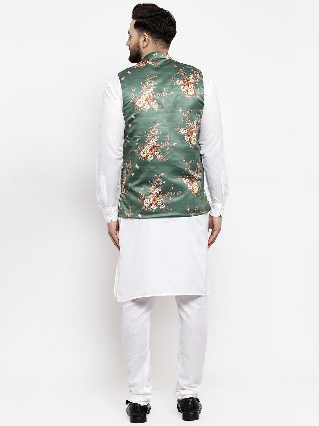 Jompers Men's Solid Cotton Kurta Pajama with Printed Waistcoat (Green-W)