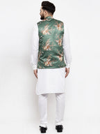 Jompers Men's Solid Cotton Kurta Pajama with Printed Waistcoat (Green-W)