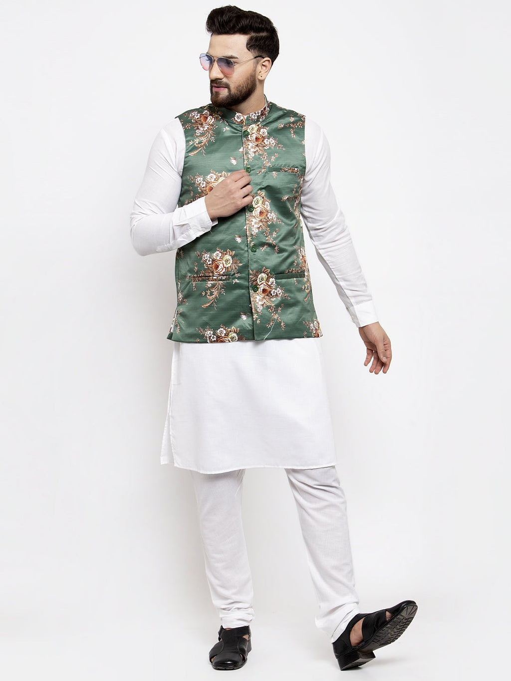 Jompers Men's Solid Cotton Kurta Pajama with Printed Waistcoat (Green-W)