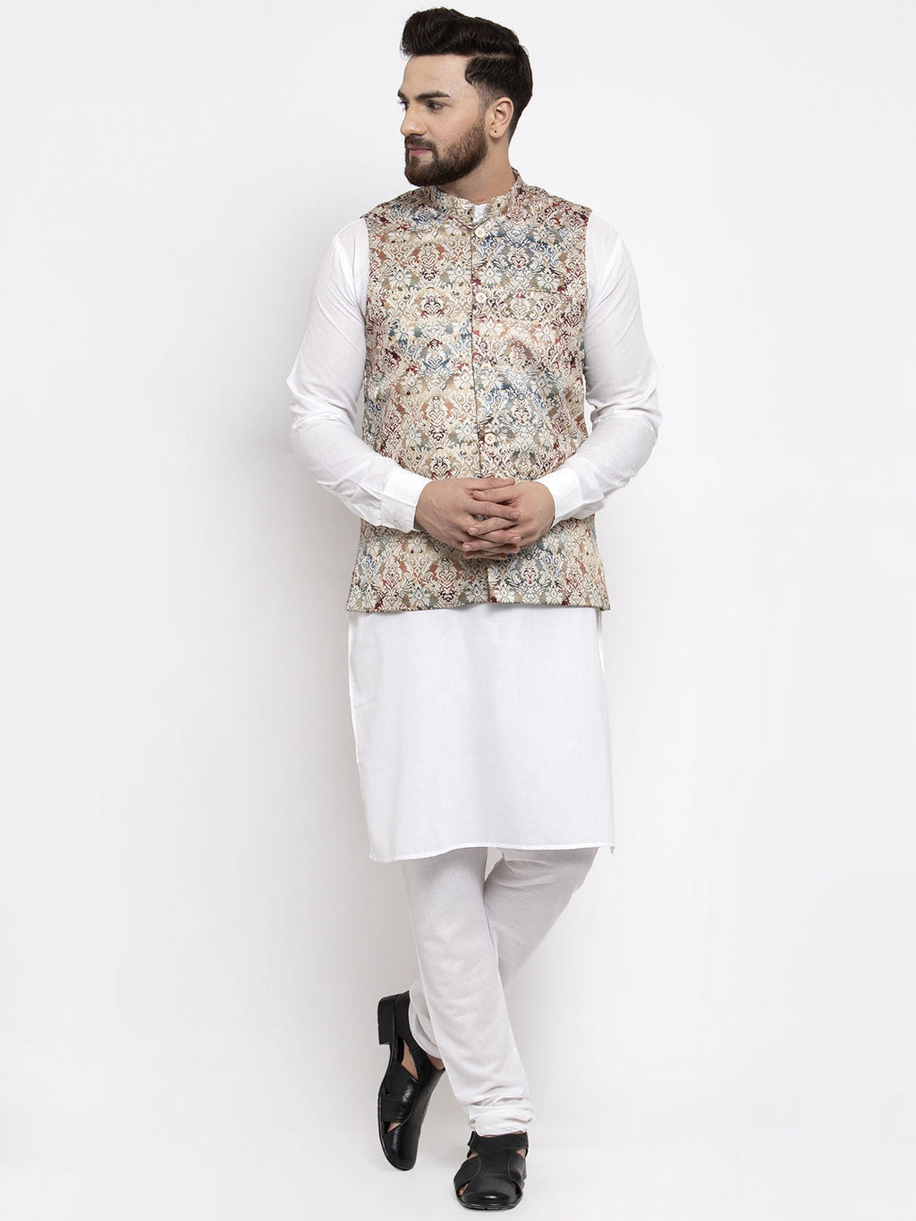 Jompers Men's Solid Cotton Kurta Pajama with Printed Waistcoat (Multi-W)