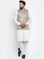 Jompers Men's Solid Cotton Kurta Pajama with Printed Waistcoat (Multi-W)