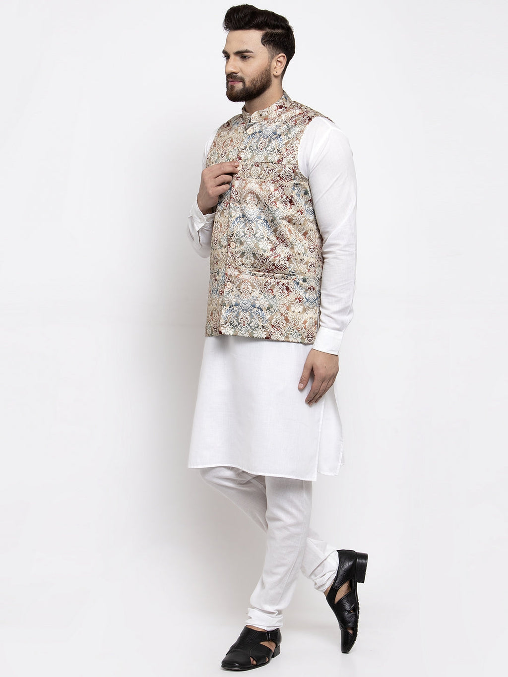 Jompers Men's Solid Cotton Kurta Pajama with Printed Waistcoat (Multi-W)