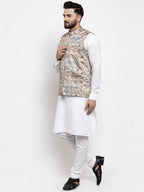 Jompers Men's Solid Cotton Kurta Pajama with Printed Waistcoat (Multi-W)