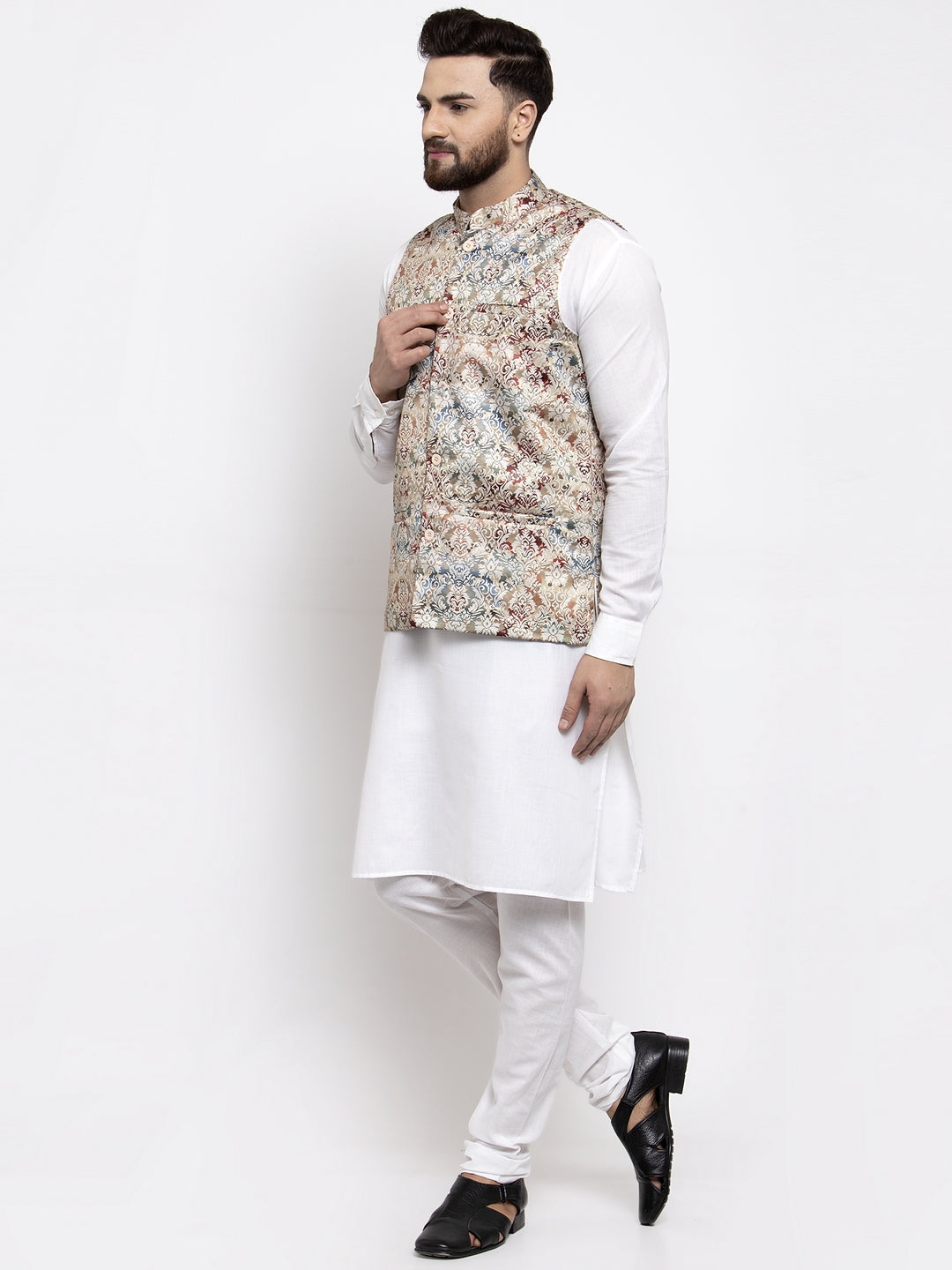 Jompers Men's Solid Cotton Kurta Pajama with Printed Waistcoat (Multi-W)