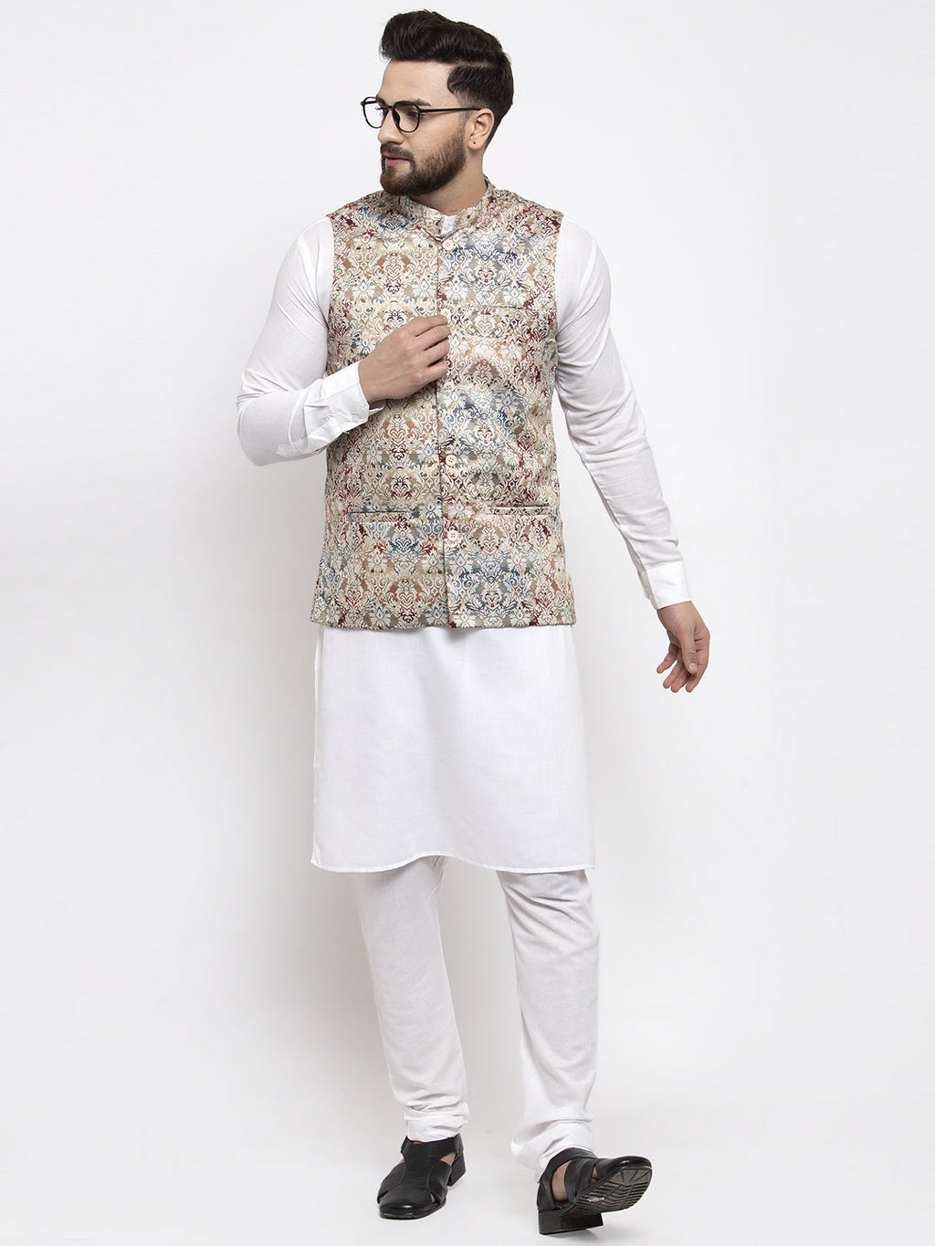 Jompers Men's Solid Cotton Kurta Pajama with Printed Waistcoat (Multi-W)