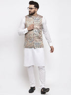 Jompers Men's Solid Cotton Kurta Pajama with Printed Waistcoat (Multi-W)
