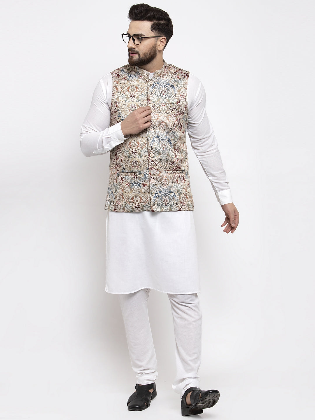 Jompers Men's Solid Cotton Kurta Pajama with Printed Waistcoat (Multi-W)