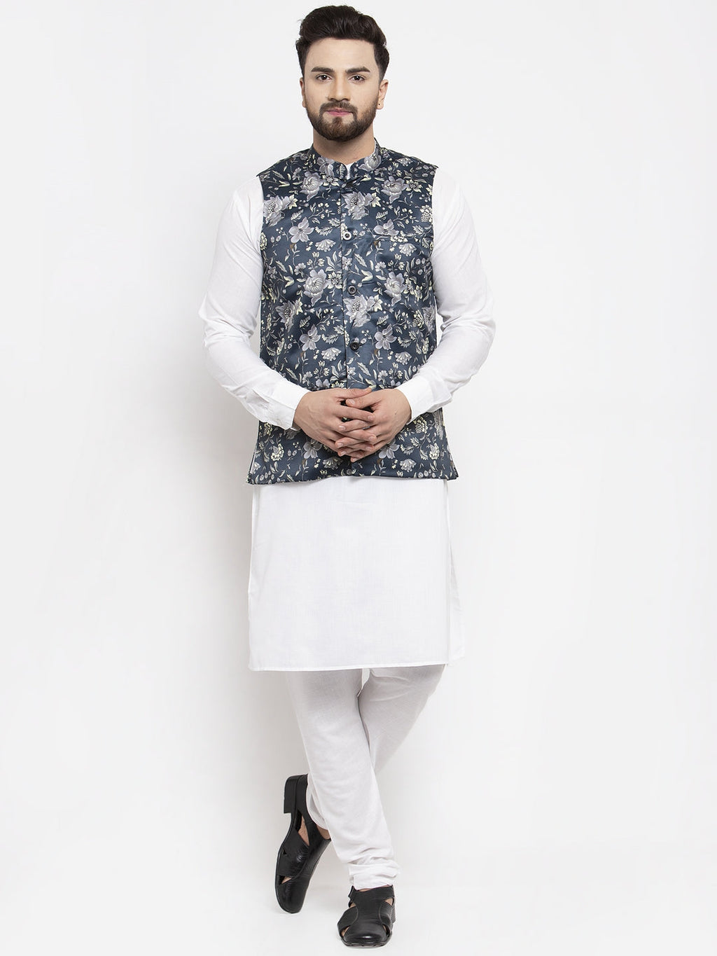 Jompers Men's Solid Cotton Kurta Pajama with Printed Waistcoat (Navy-W)