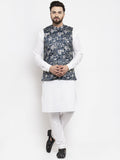 Jompers Men's Solid Cotton Kurta Pajama with Printed Waistcoat (Navy-W)