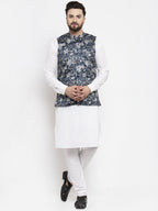 Jompers Men's Solid Cotton Kurta Pajama with Printed Waistcoat (Navy-W)