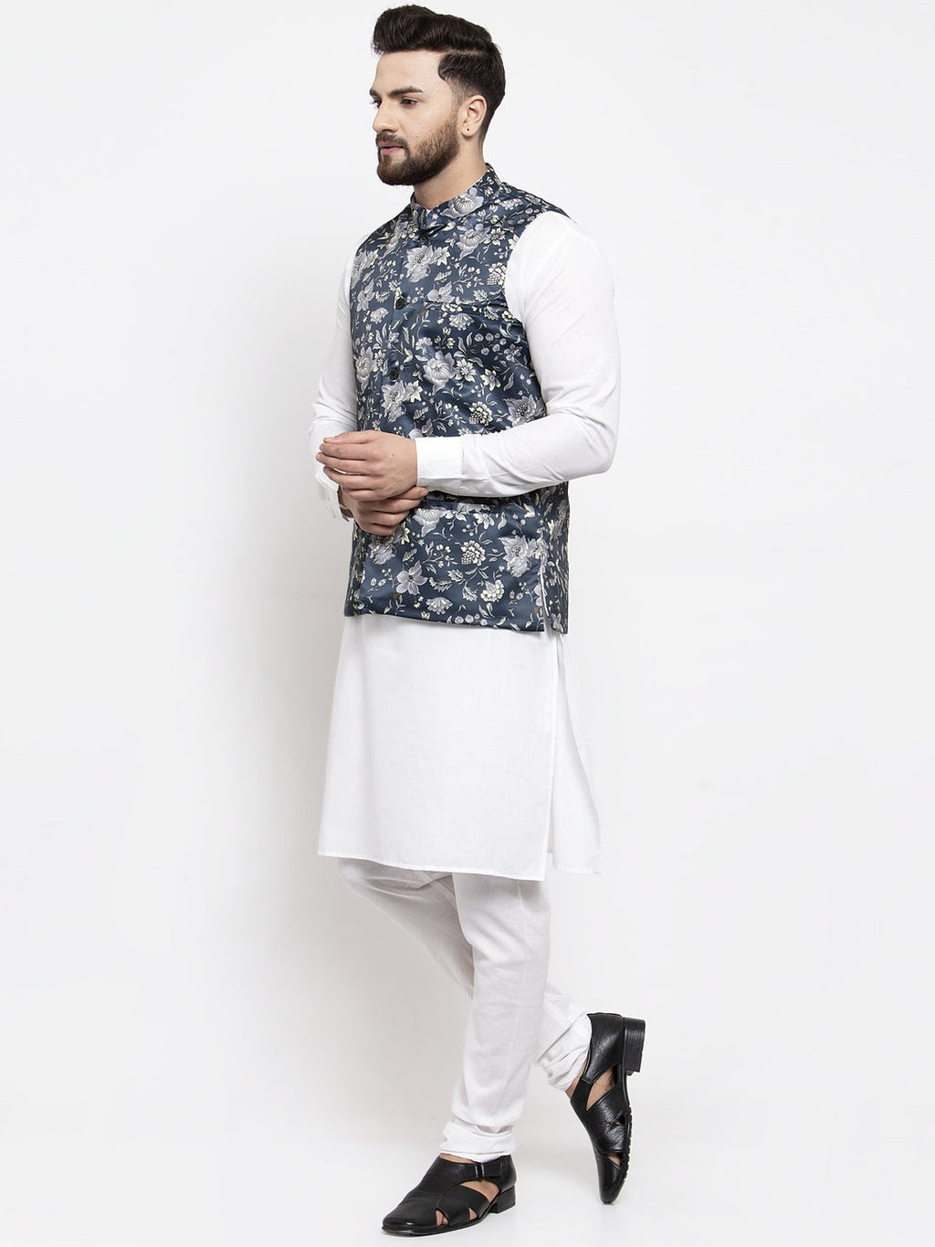 Jompers Men's Solid Cotton Kurta Pajama with Printed Waistcoat (Navy-W)