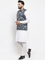 Jompers Men's Solid Cotton Kurta Pajama with Printed Waistcoat (Navy-W)