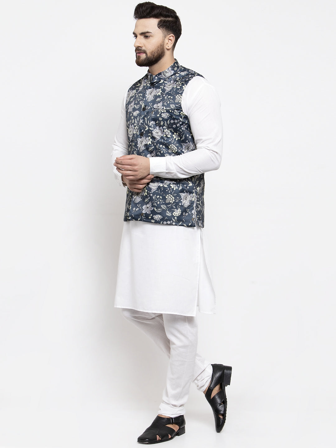 Jompers Men's Solid Cotton Kurta Pajama with Printed Waistcoat (Navy-W)