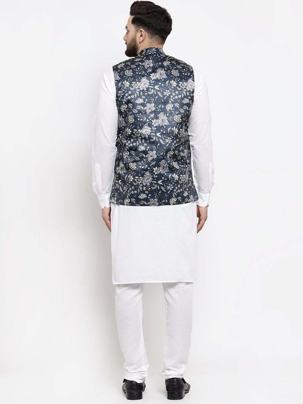 Jompers Men's Solid Cotton Kurta Pajama with Printed Waistcoat (Navy-W)