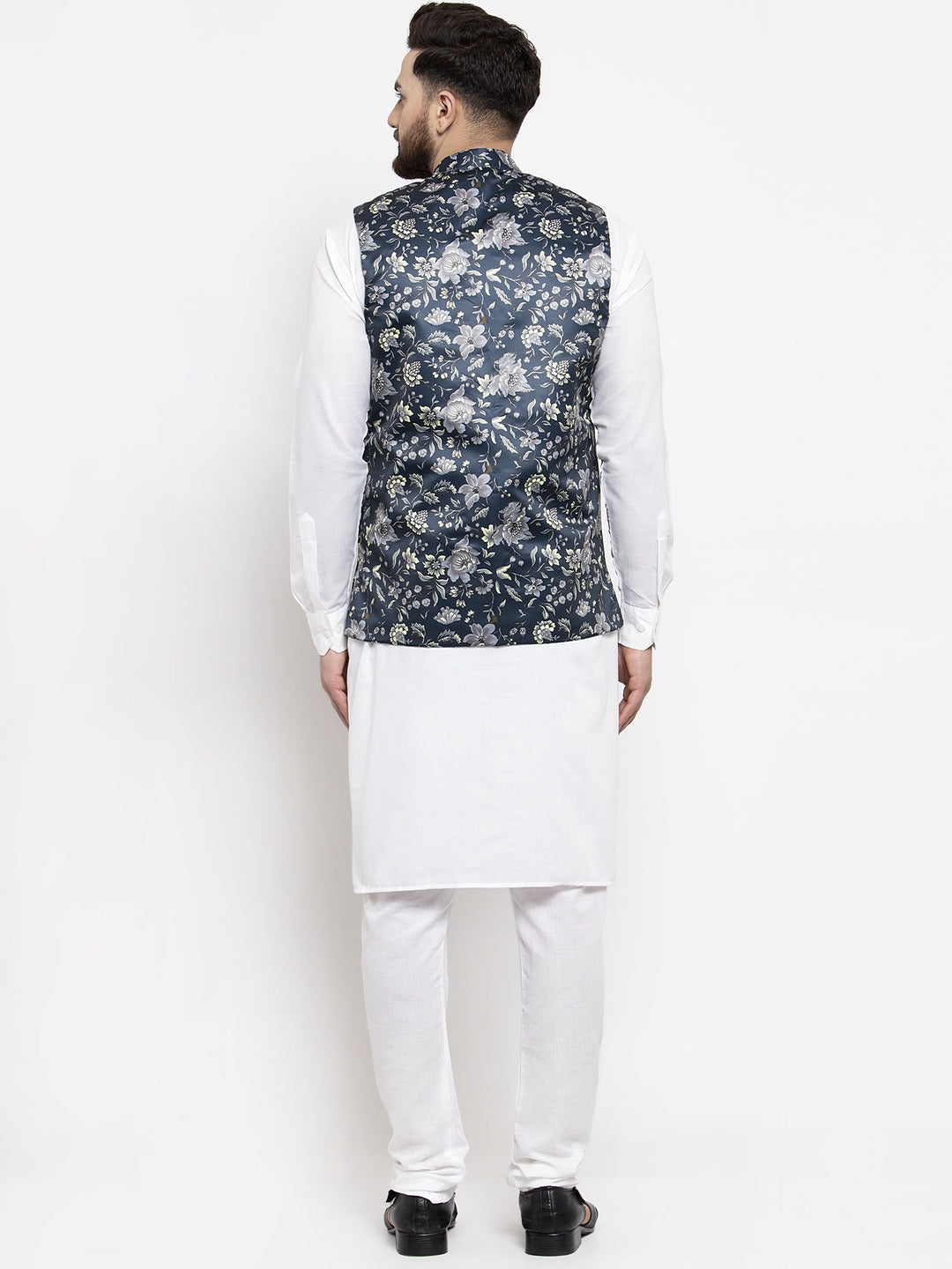 Jompers Men's Solid Cotton Kurta Pajama with Printed Waistcoat (Navy-W)