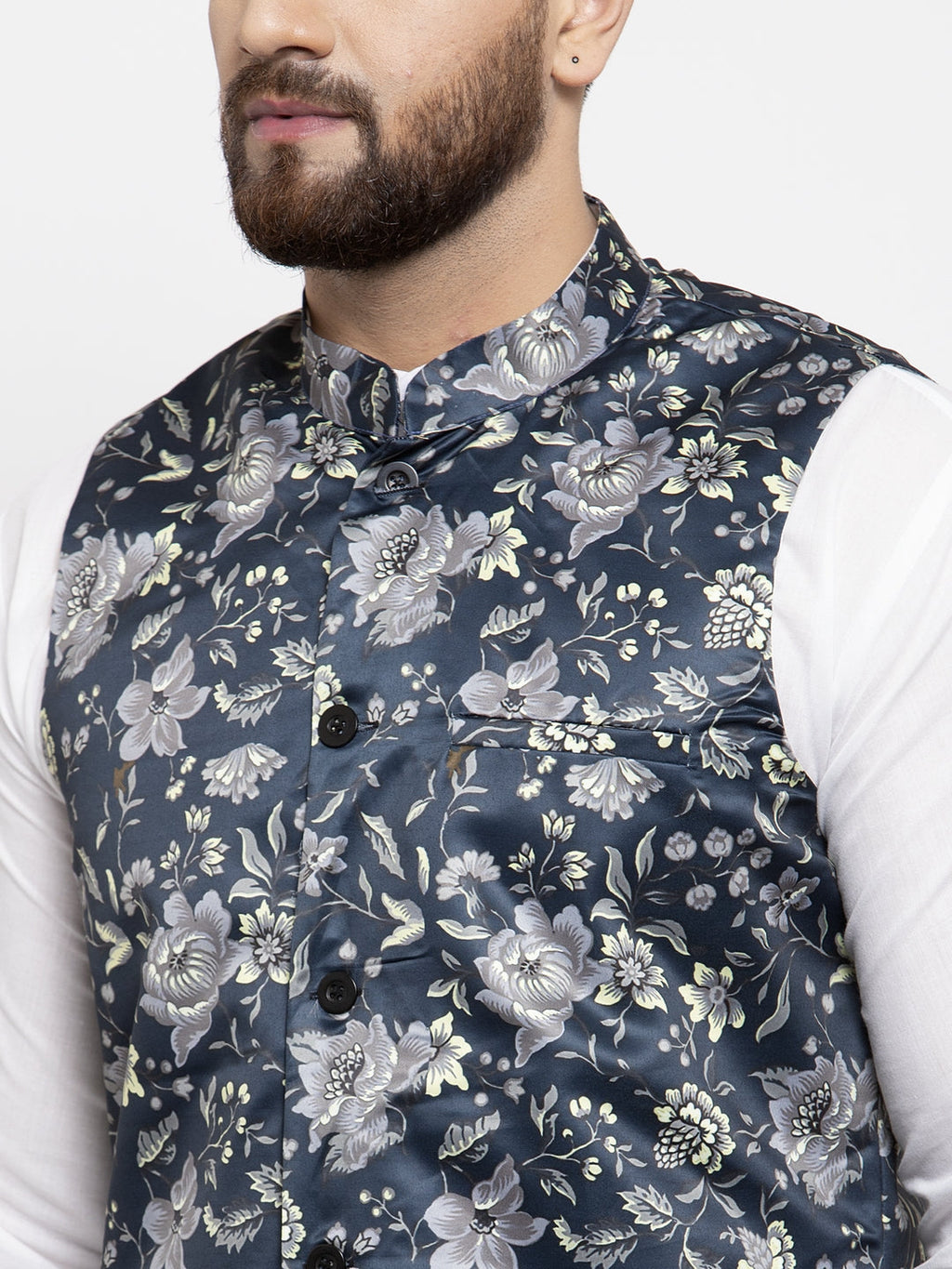 Jompers Men's Solid Cotton Kurta Pajama with Printed Waistcoat (Navy-W)