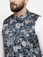 Jompers Men's Solid Cotton Kurta Pajama with Printed Waistcoat (Navy-W)