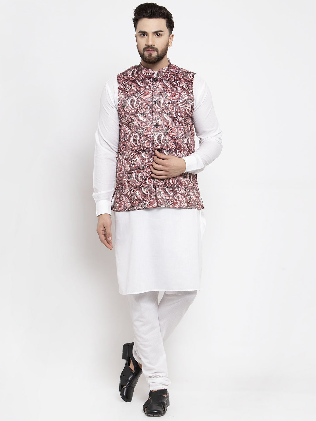 Jompers Men's Solid Cotton Kurta Pajama with Printed Waistcoat (Pink-W)
