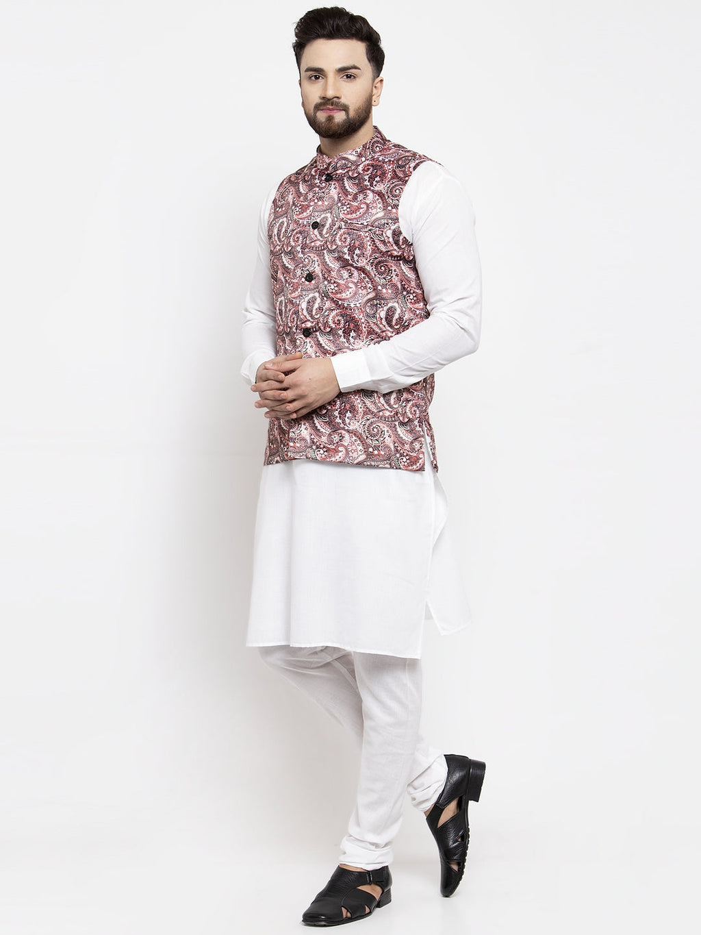 Jompers Men's Solid Cotton Kurta Pajama with Printed Waistcoat (Pink-W)