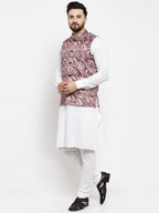 Jompers Men's Solid Cotton Kurta Pajama with Printed Waistcoat (Pink-W)