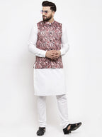 Jompers Men's Solid Cotton Kurta Pajama with Printed Waistcoat (Pink-W)