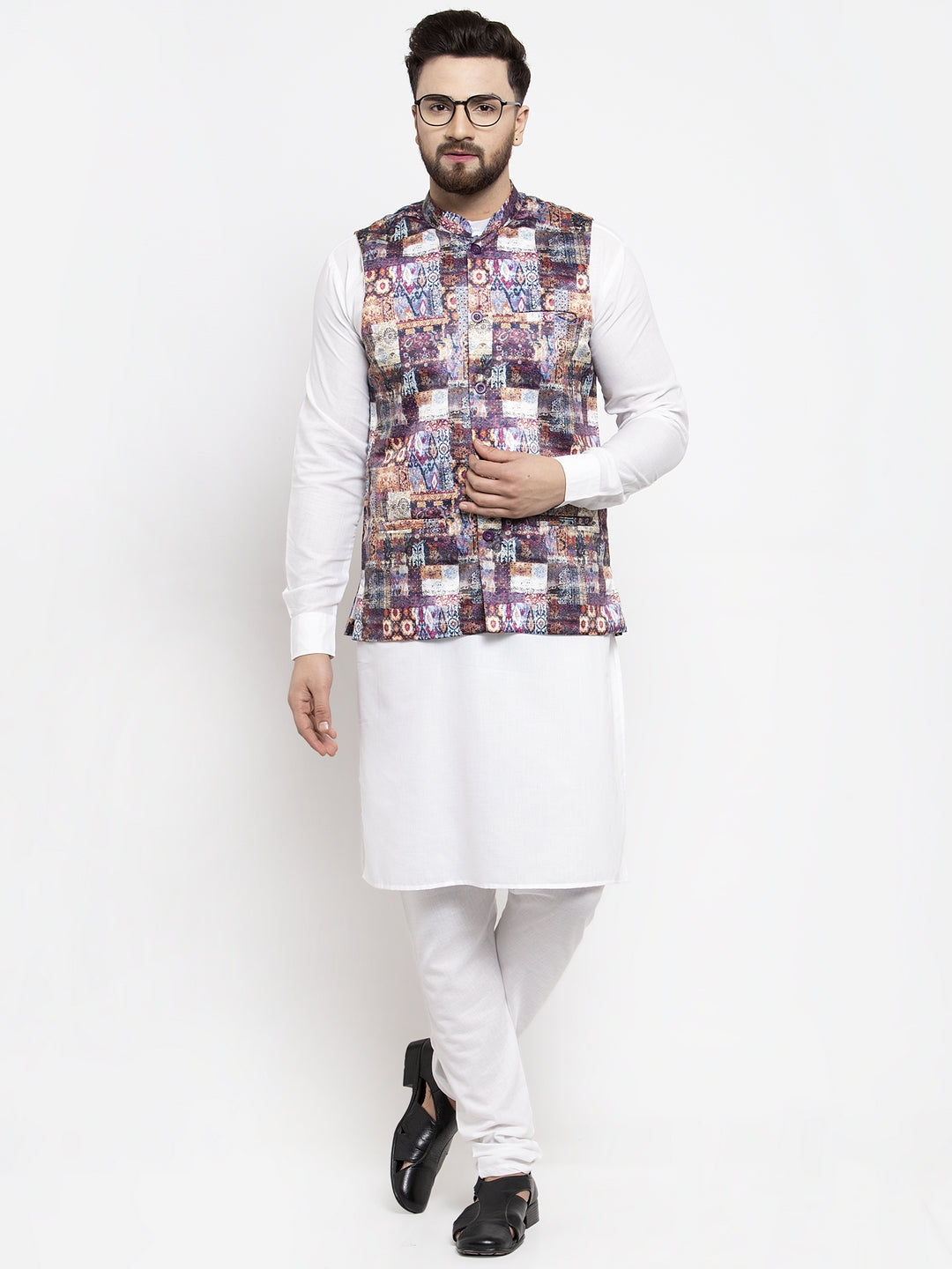 Jompers Men's Solid Cotton Kurta Pajama with Printed Waistcoat (Purple-W) - Distacart