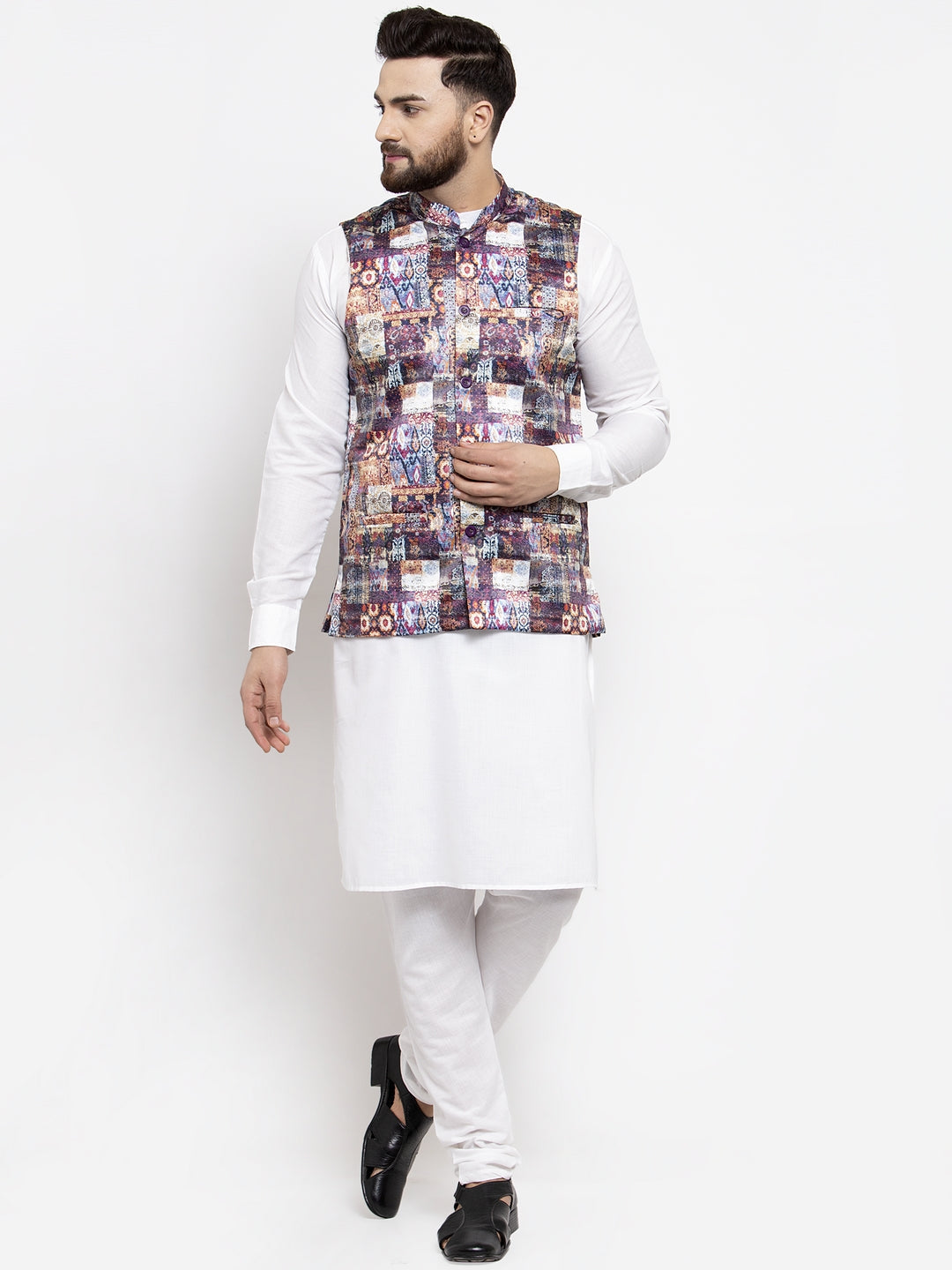 Jompers Men's Solid Cotton Kurta Pajama with Printed Waistcoat (Purple-W) - Distacart