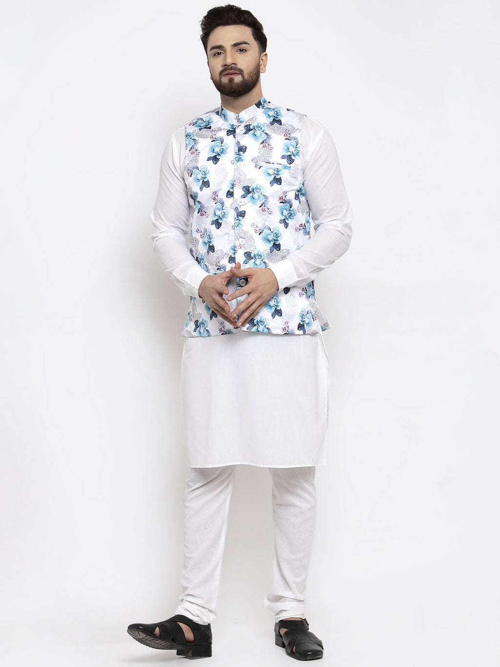 Jompers Men's Solid Cotton Kurta Pajama with Printed Waistcoat (Silver-W)