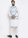 Jompers Men's Solid Cotton Kurta Pajama with Printed Waistcoat (Silver-W)