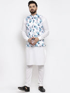 Jompers Men's Solid Cotton Kurta Pajama with Printed Waistcoat (Silver-W)