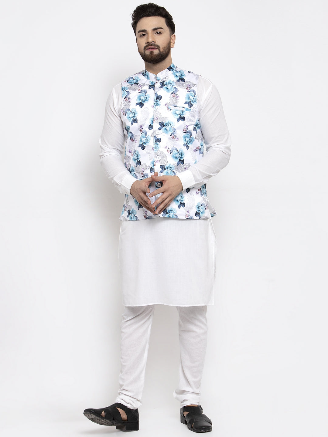 Jompers Men's Solid Cotton Kurta Pajama with Printed Waistcoat (Silver-W)