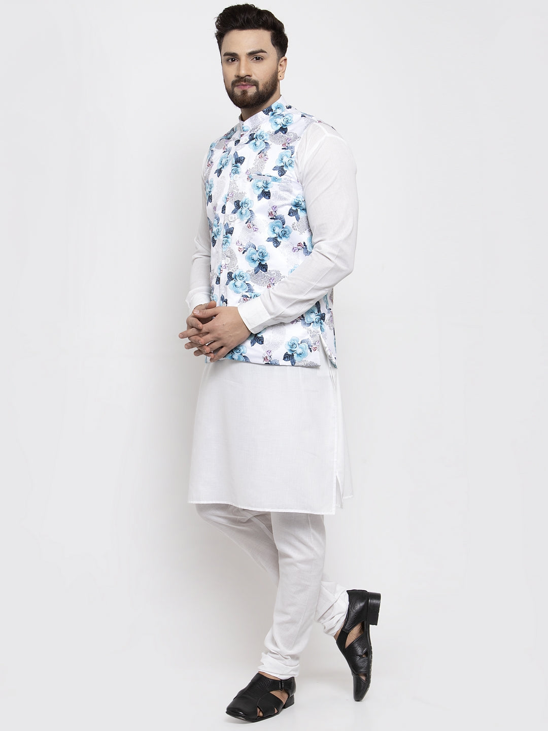 Jompers Men's Solid Cotton Kurta Pajama with Printed Waistcoat (Silver-W)
