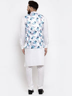 Jompers Men's Solid Cotton Kurta Pajama with Printed Waistcoat (Silver-W)