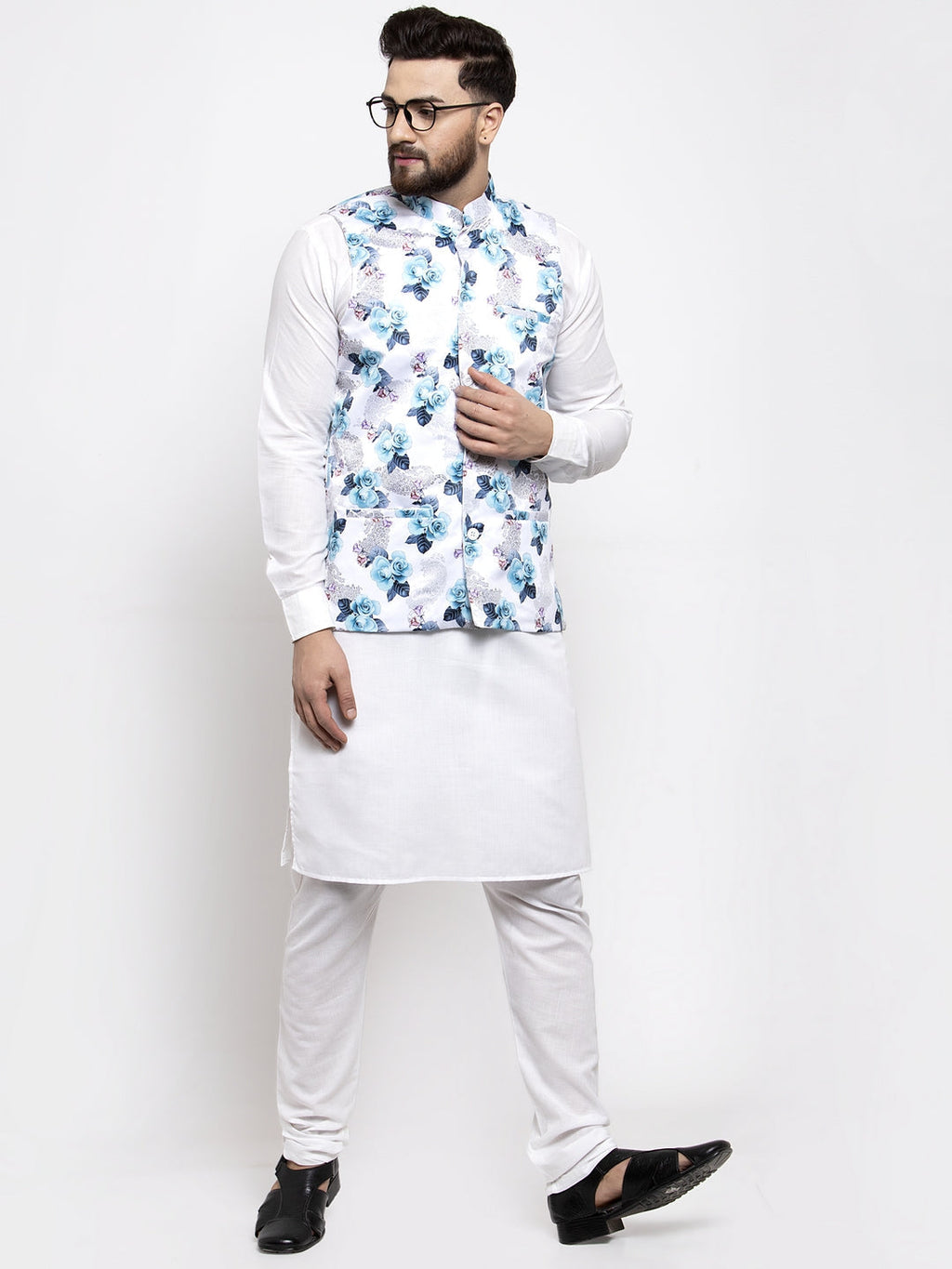 Jompers Men's Solid Cotton Kurta Pajama with Printed Waistcoat (Silver-W)
