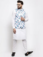 Jompers Men's Solid Cotton Kurta Pajama with Printed Waistcoat (Silver-W)
