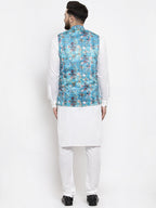 Jompers Men's Solid Cotton Kurta Pajama with Printed Waistcoat (Sky-W) - Distacart