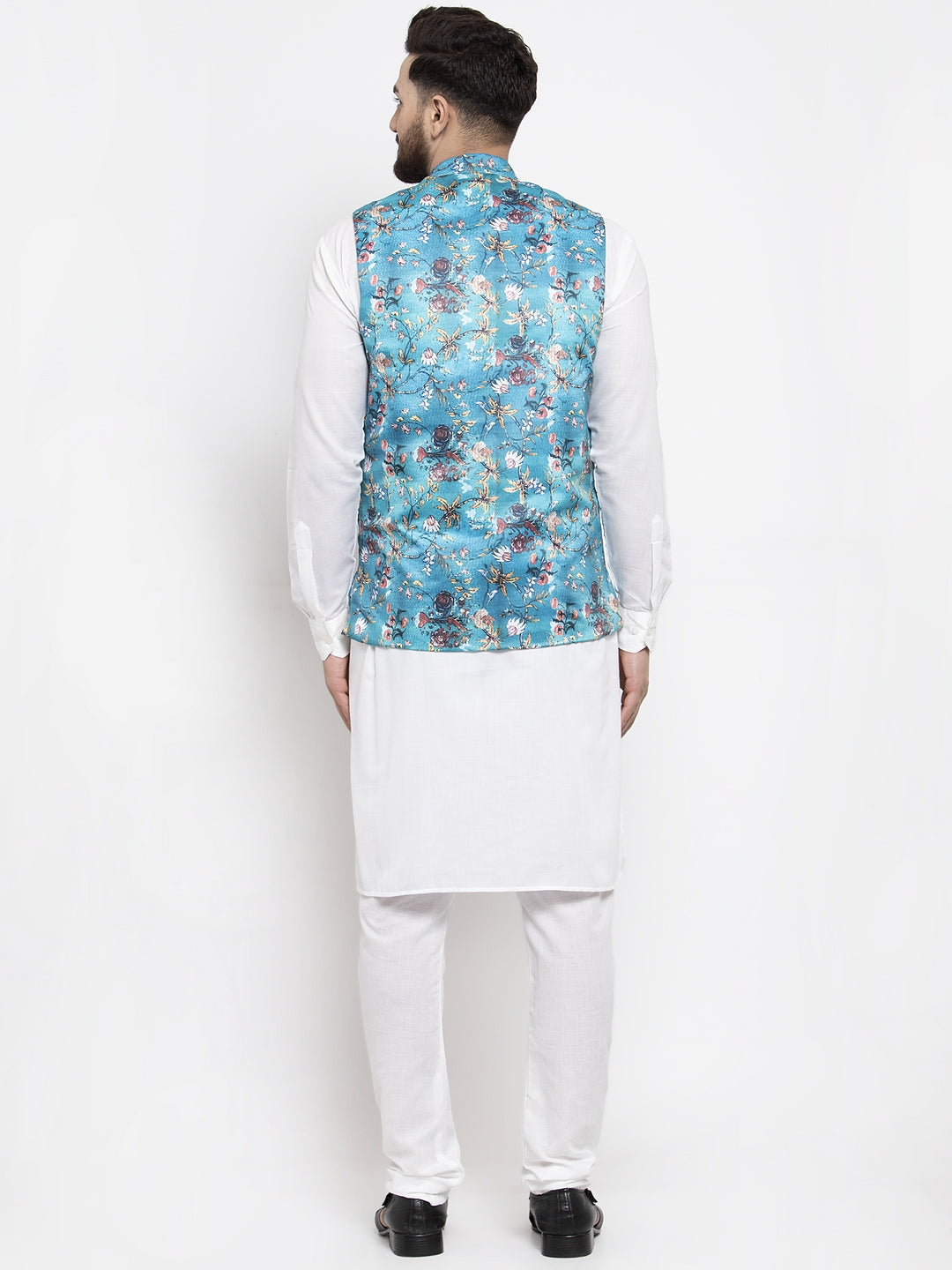 Jompers Men's Solid Cotton Kurta Pajama with Printed Waistcoat (Sky-W) - Distacart