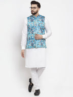 Jompers Men's Solid Cotton Kurta Pajama with Printed Waistcoat (Sky-W) - Distacart
