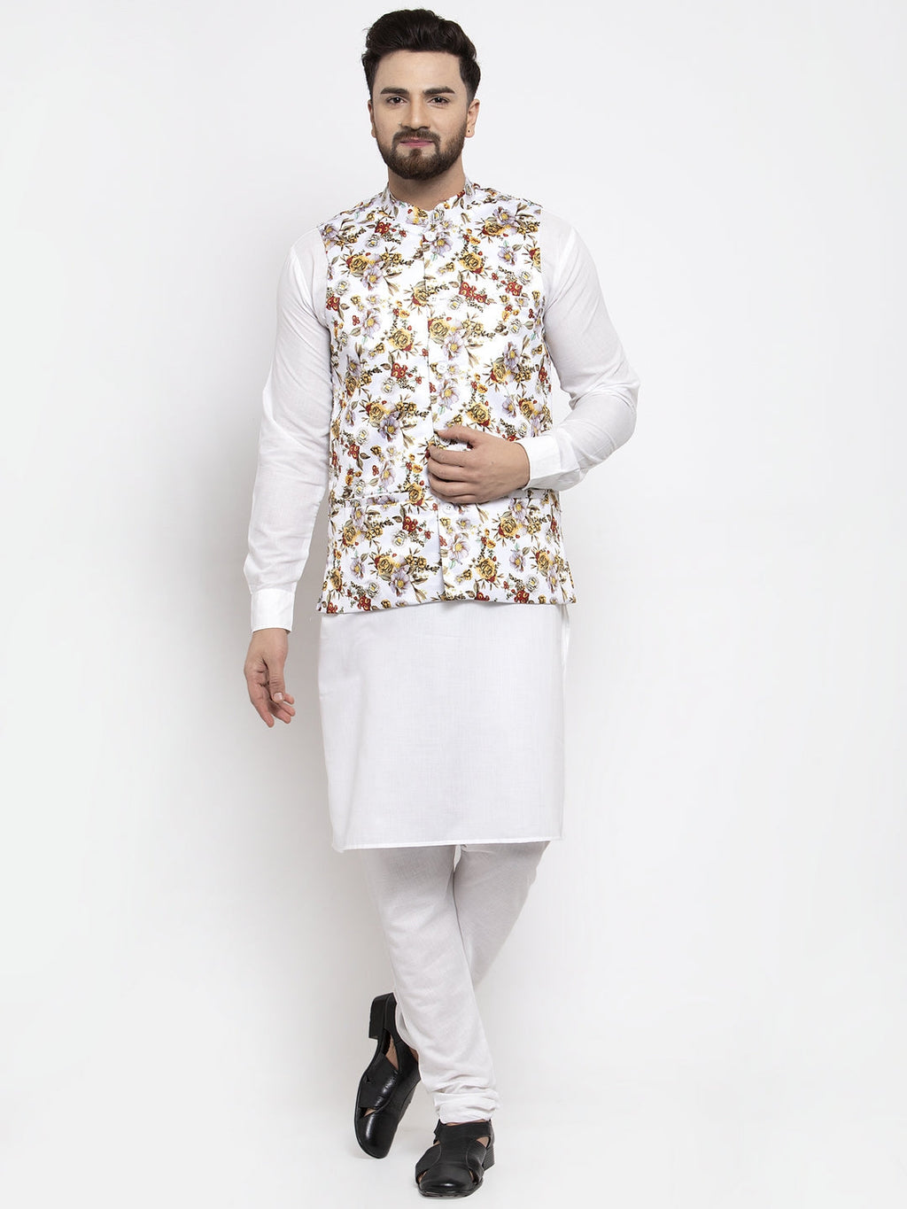 Jompers Men's Solid Cotton Kurta Pajama with Printed Waistcoat (White-W) - Distacart